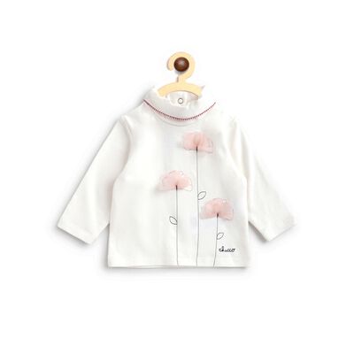 Knitted T-Shirt With Pink Flower Applique